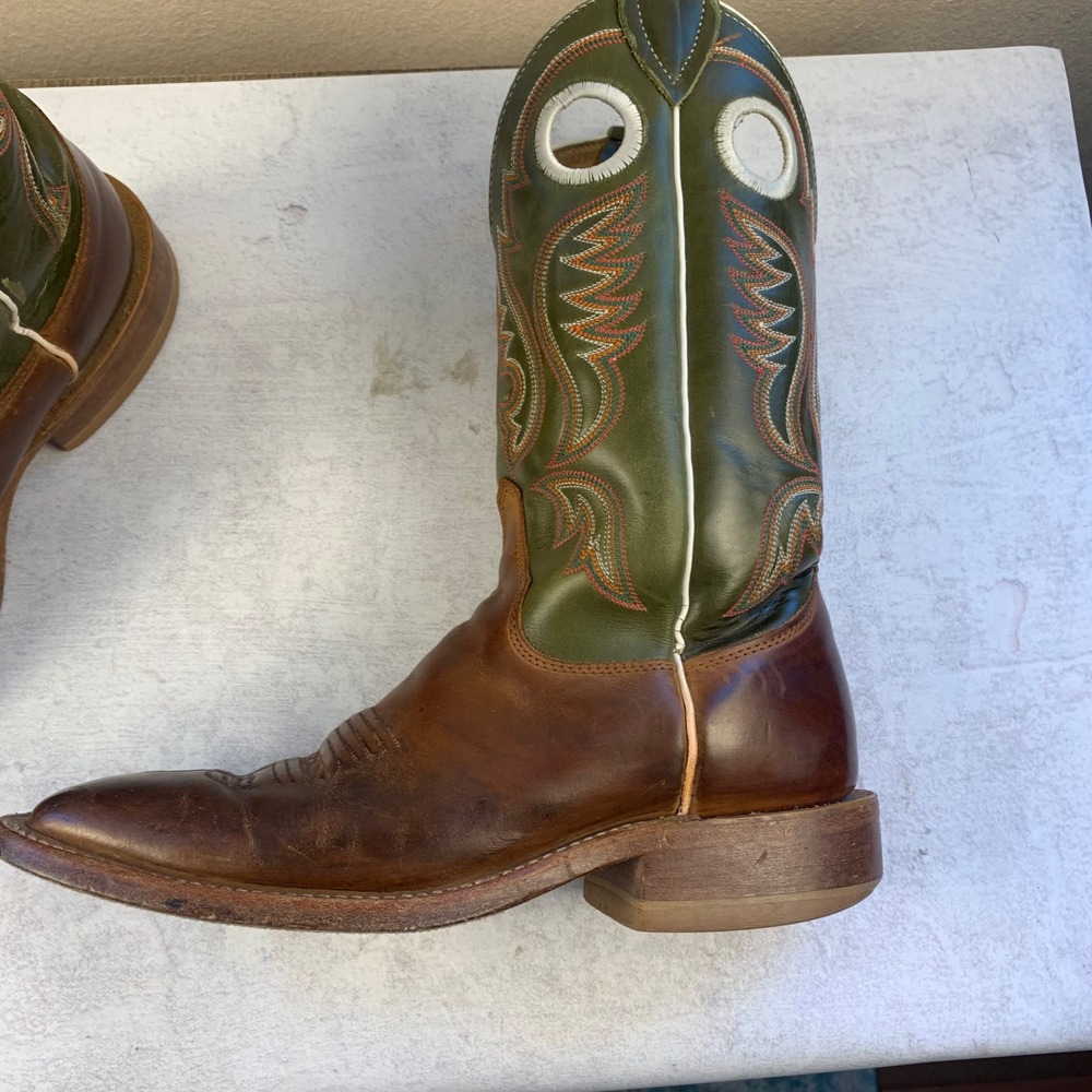 Justin 6.5D Bent Rail BR307 Cowboy Boots Brown Green 11" Square Toe USA Made - Picture 16 of 16